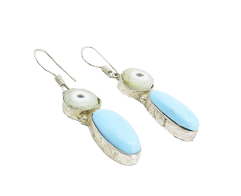 925 Sterling Silver   Vintage Cabochon Cut Agate Slice Drop Earrings  EG4384