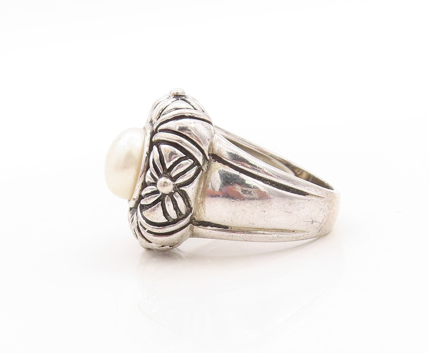 925 Sterling Silver Vintage Ring Floral Design Etched Pearl  Sz 8  RG31431