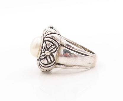 925 Sterling Silver Vintage Ring Floral Design Etched Pearl  Sz 8  RG31431