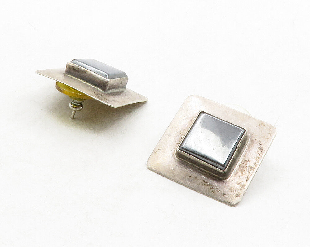 NEX 925 Sterling Silver  Vintage Hematite Square Smooth Drop Earrings  EG6876