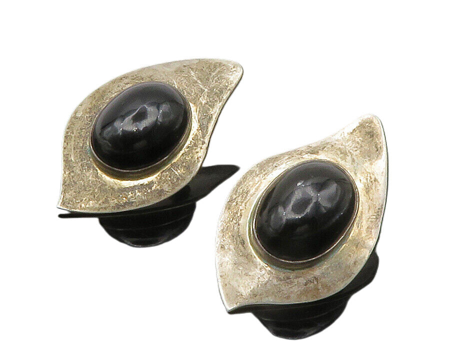 MEXICO 925 Silver   Vintage Cabochon Black Onyx Modernist Drop Earrings EG7464
