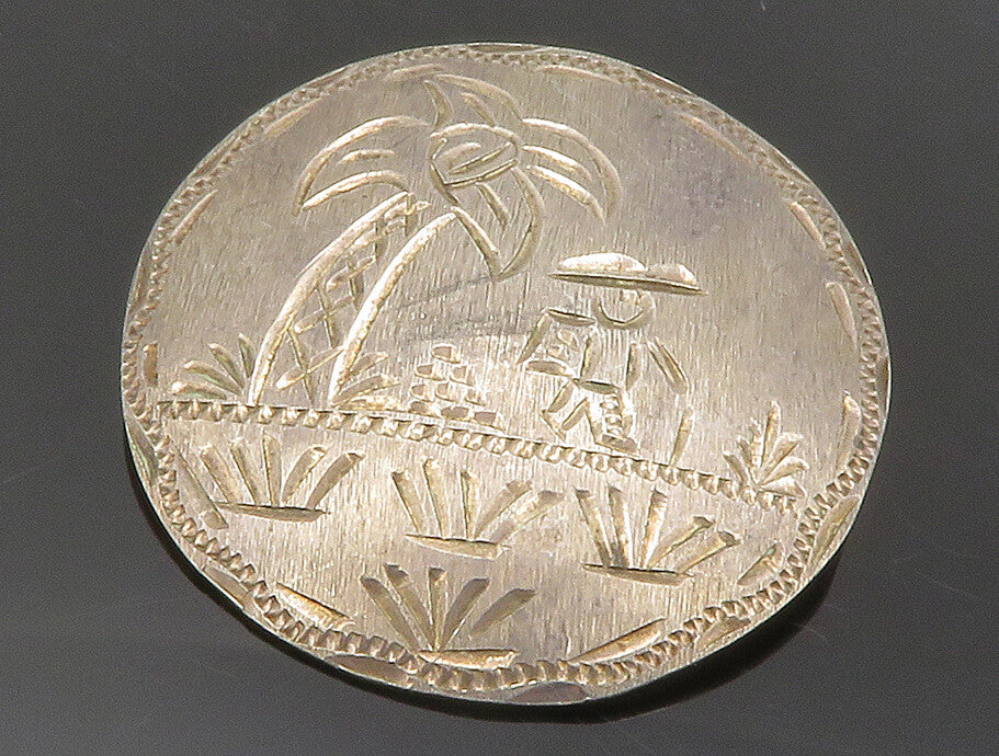 J.J.M. 925 Silver  Vintage Dark Tone Etched Palm Tree Scene Brooch Pin  BP4934