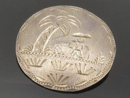 J.J.M. 925 Silver  Vintage Dark Tone Etched Palm Tree Scene Brooch Pin  BP4934