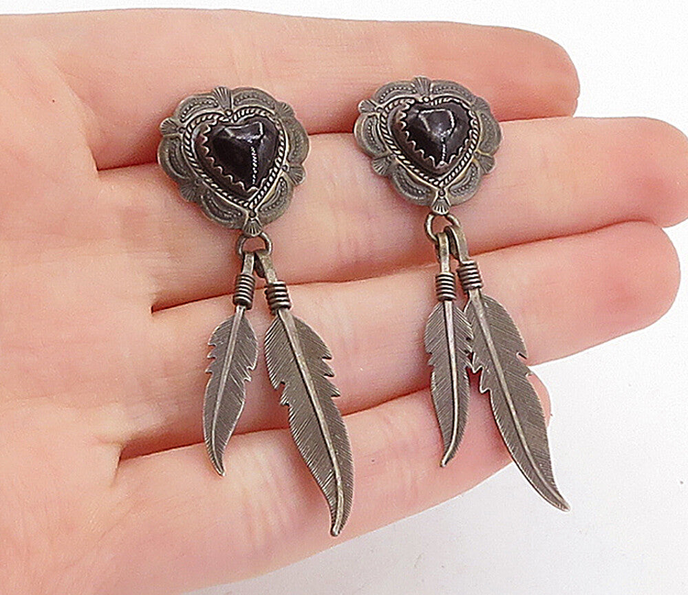 Q.T. NAVAJO 925 Silver  Vintage Black Onyx Love Heart Dangle Earrings  EG2189