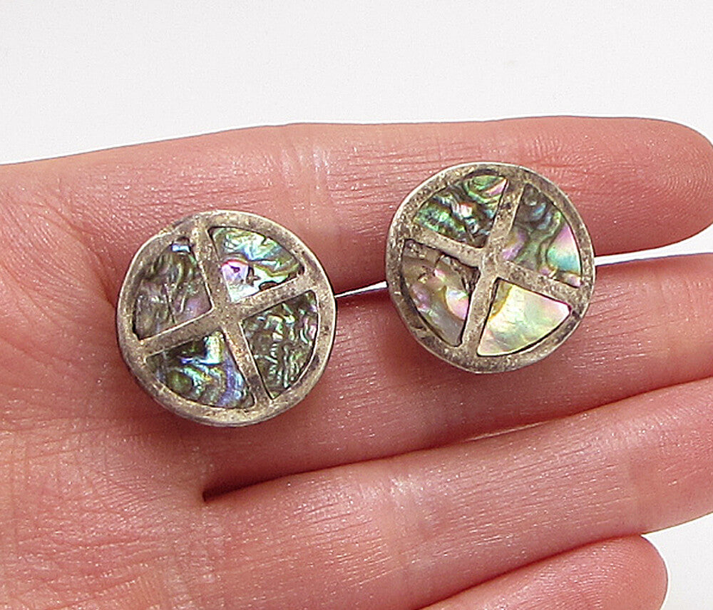 MEXICO 925 Silver Vintage Mother Of Pearl Non Pierced Screw Back Earrings EG1955