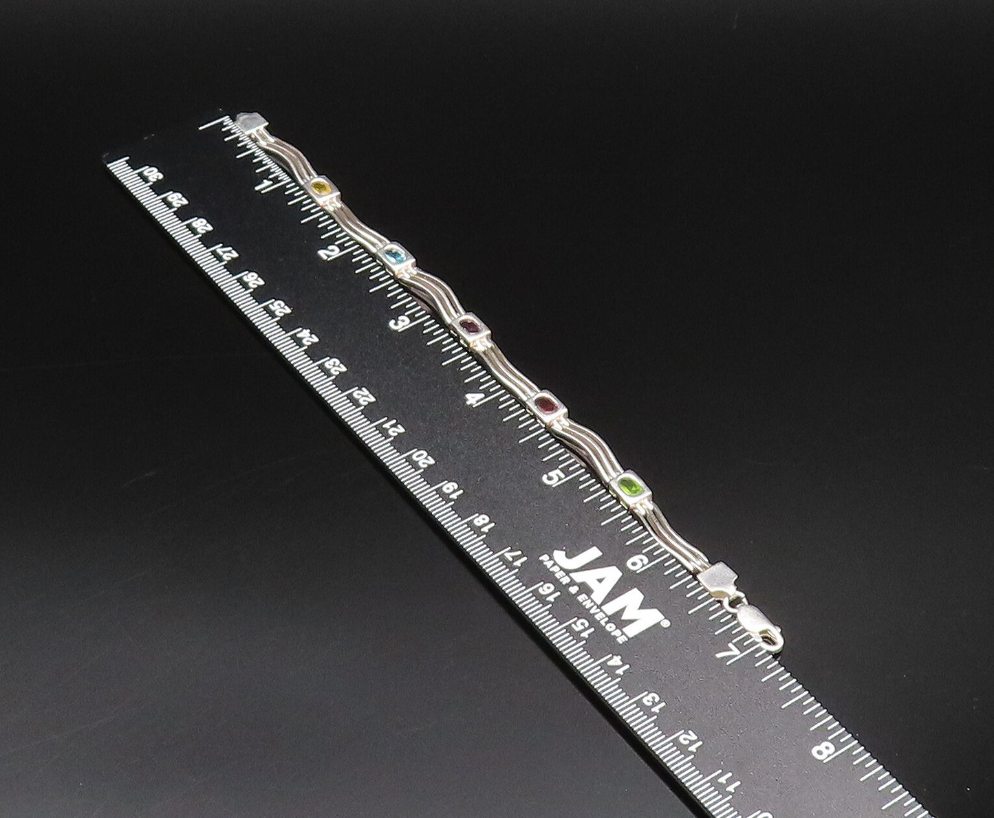 925 Silver  Vintage Peridot Garnet & Gemstones Open Row Link Bracelet  BT9722