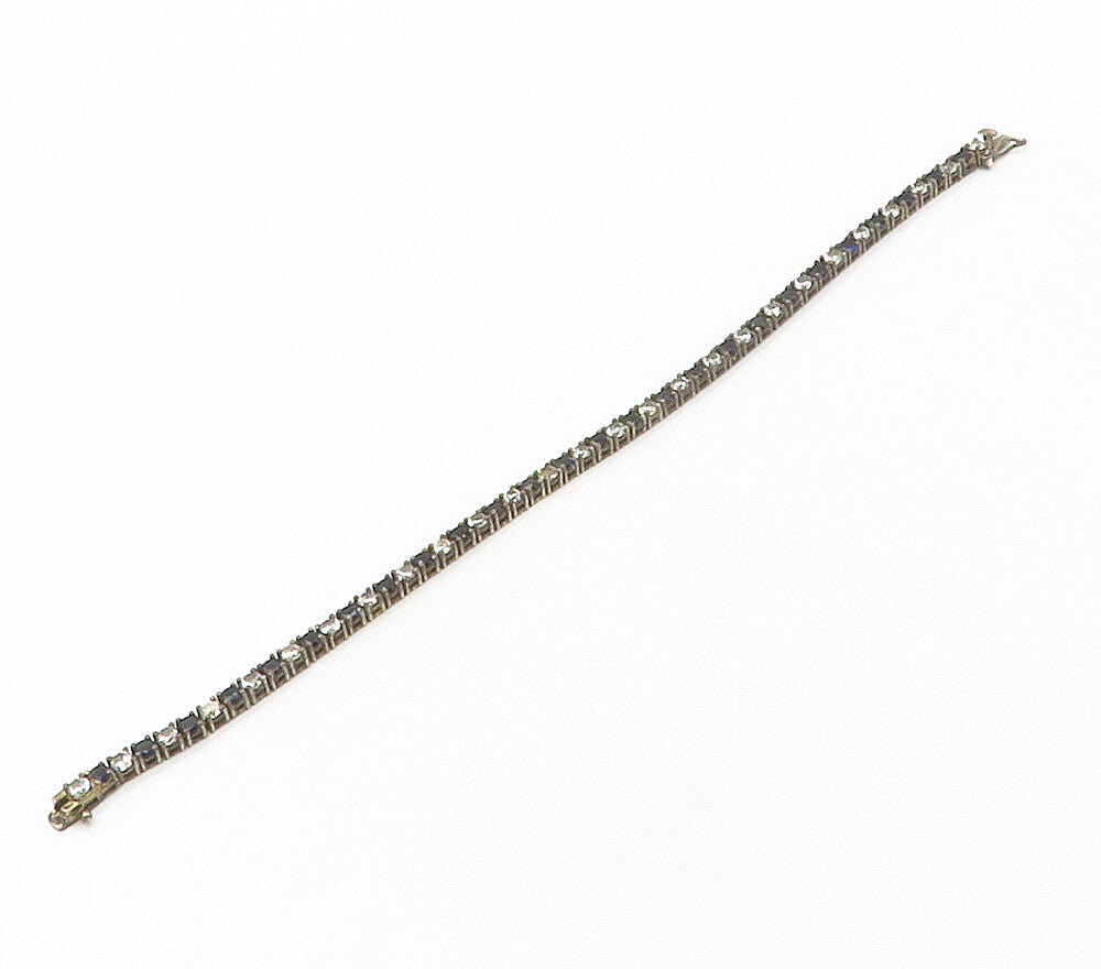 925 Sterling Silver   Vintage Blue & White Topaz Chain Bracelet  BT6570