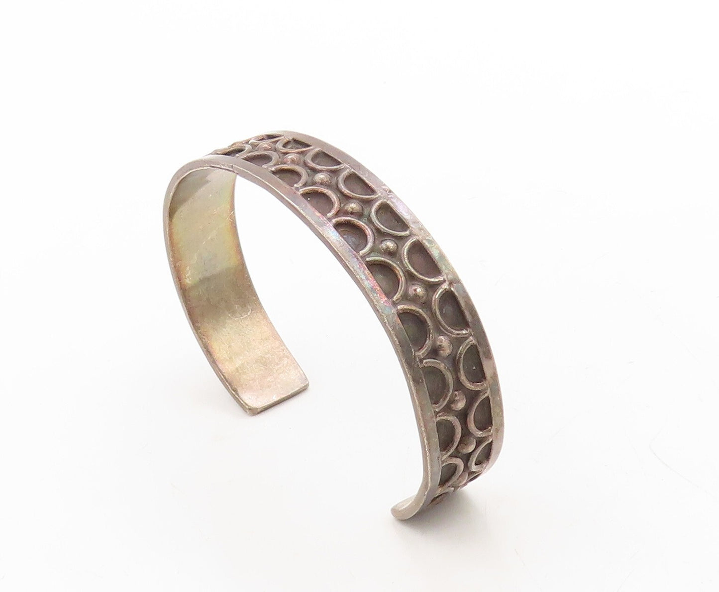 925 Sterling Silver Vintage Bracelet MEXICO Semi Circles Carved Cuff  BT10956
