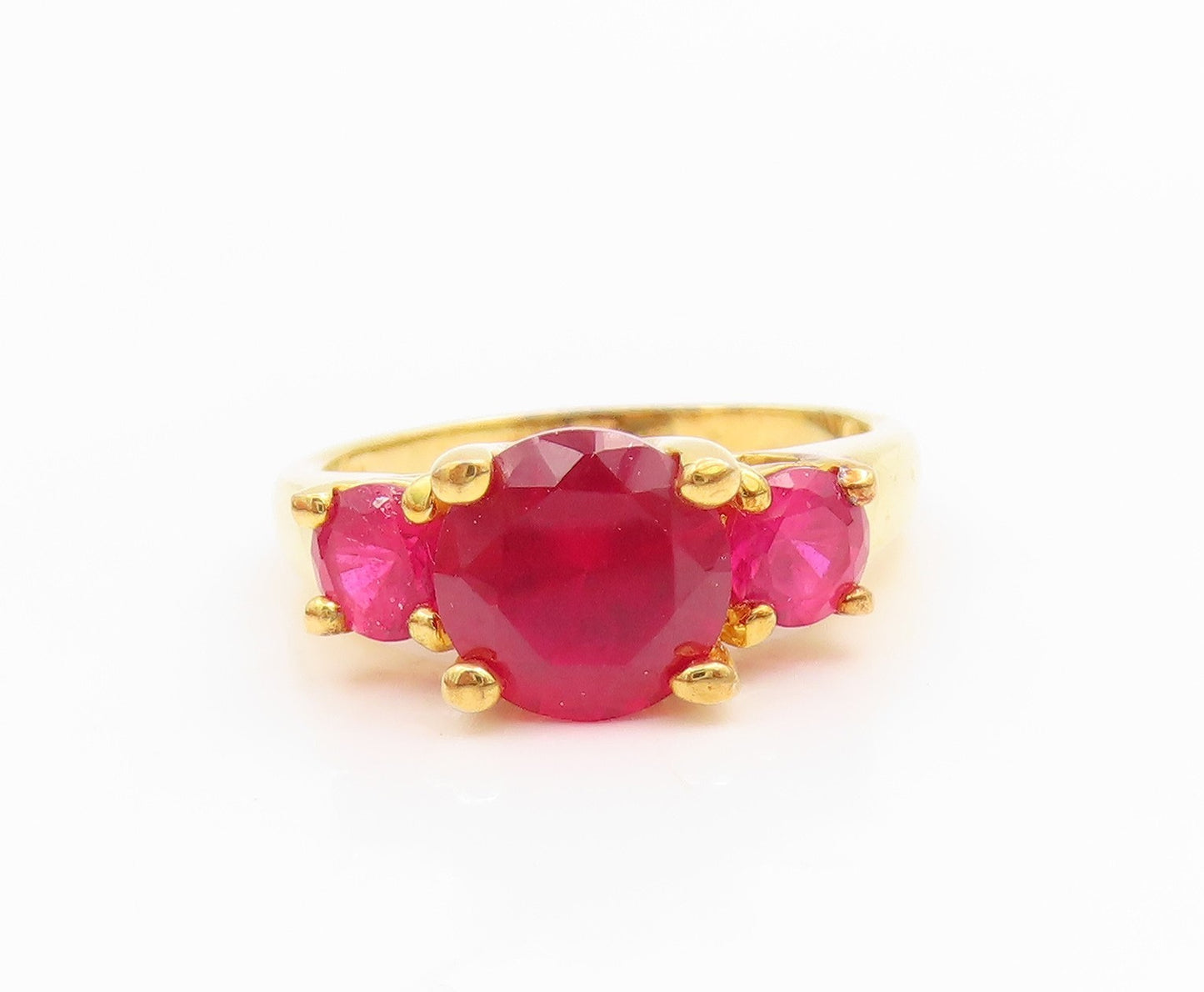 925 Sterling Silver Vintage Ring Gold Plated Three Stone Ruby Band Sz 6 RG35818