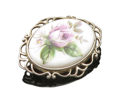 JEZ 925 Sterling Silver  Vintage Enamel Rose Flower Oval Brooch Pin  BP8437