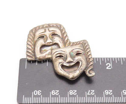 TAXCO 925  Silver  Vintage Carved Happy & Sad Mime Face Brooch Pin  BP10500