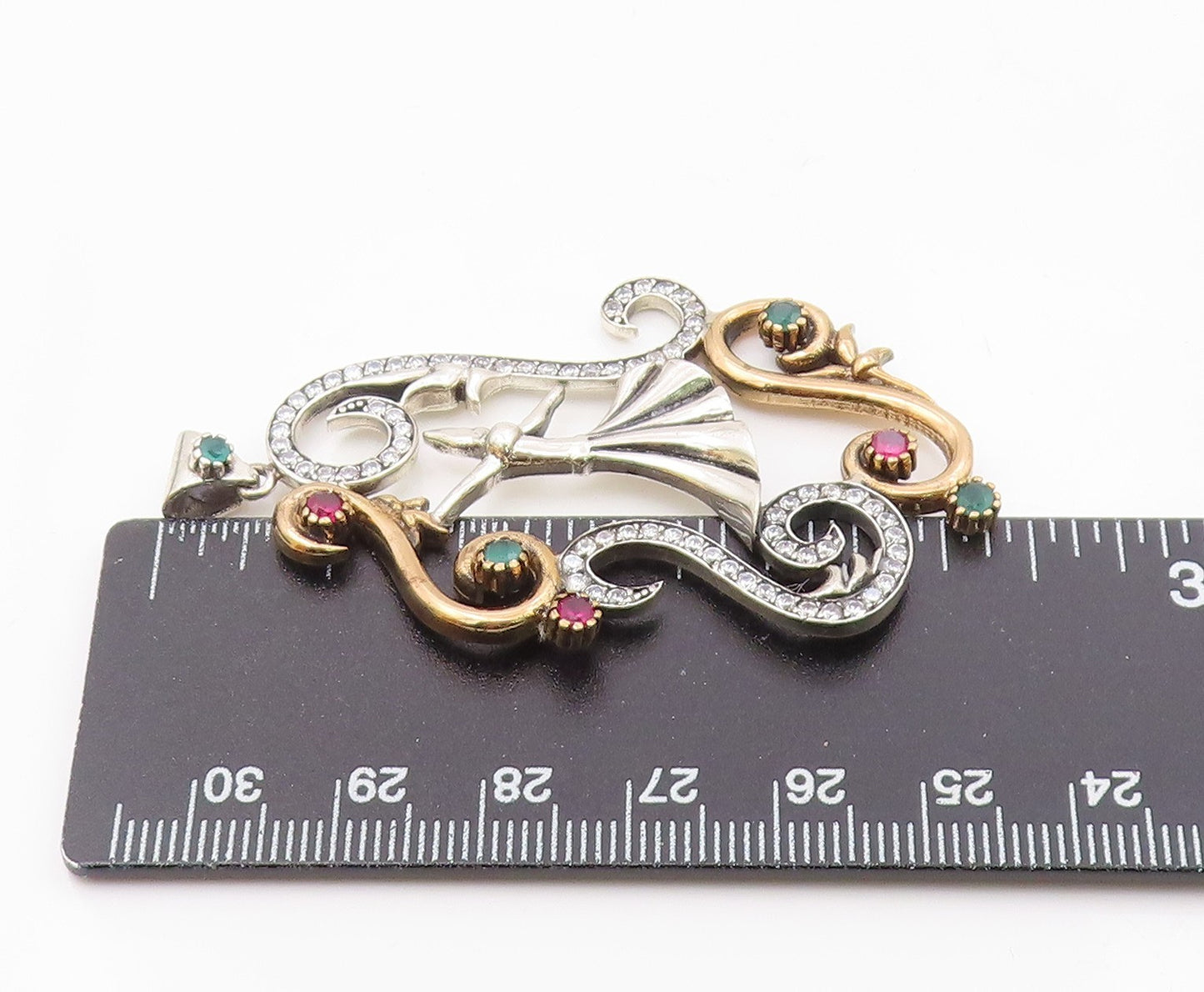 925 Sterling Silver  Pink Green & White Topaz Two Tone Swirl Pendant  PT10622