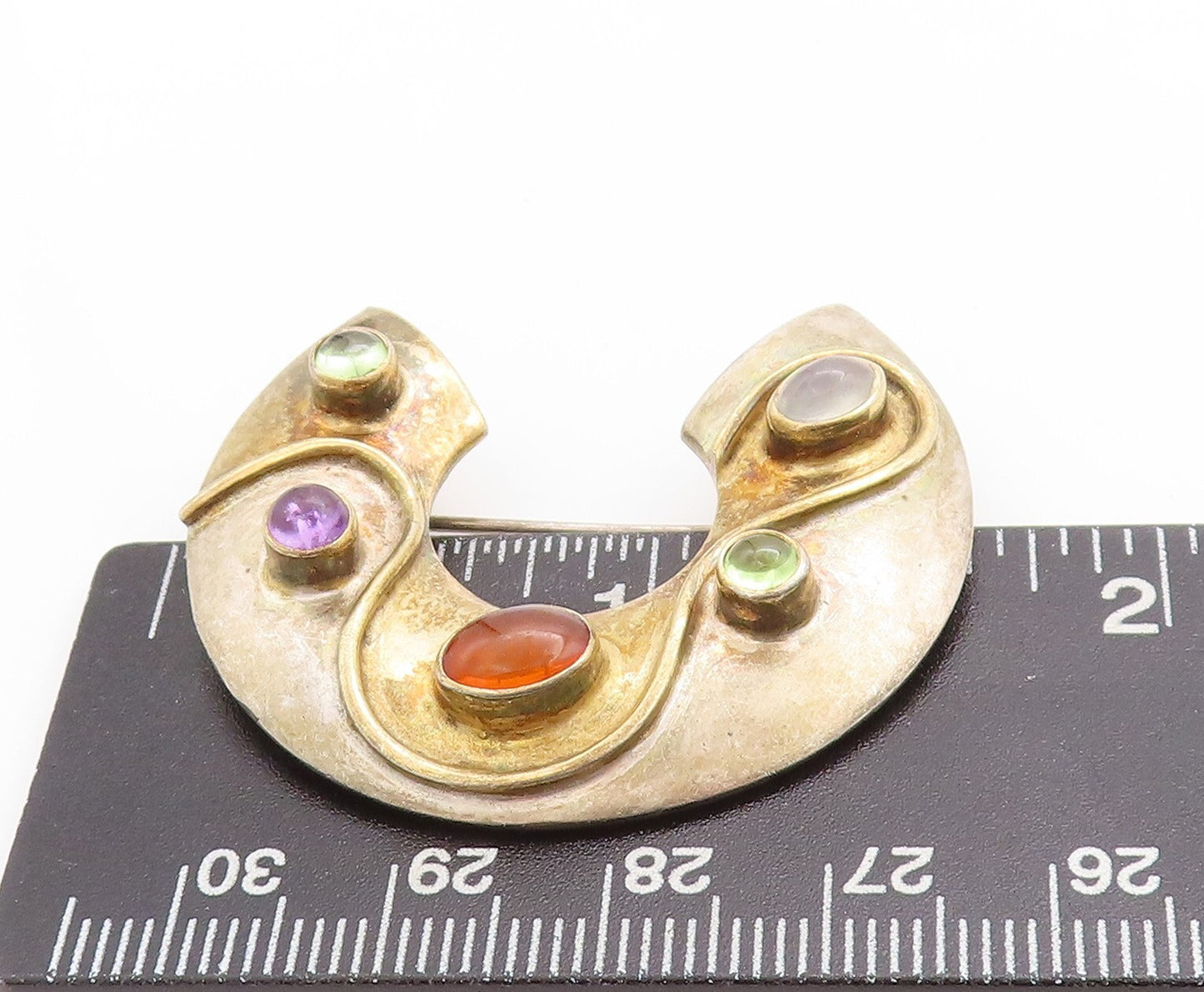 925 Sterling Silver Vintage Brooch Pin Cutout Ring Gemstones Inlay  BP11382