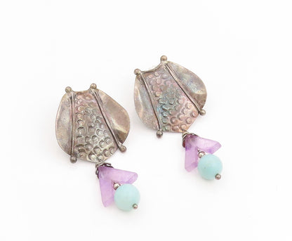 925 Sterling Silver Vintage Earrings Dark Tone Hammered Statement Studs  EG13776
