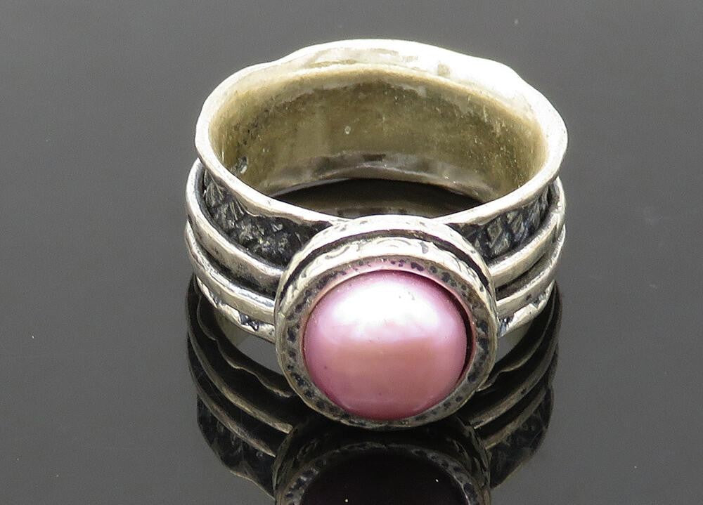 SHABLOOL ISRAEL 925 Silver  Vintage Pink Pearl Oxidized Band Ring Sz 9 RG21311