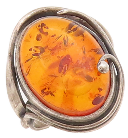 925 Sterling Silver Vintage Ring POLAND Cabochon Honey Amber  Sz 8.5  RG28690