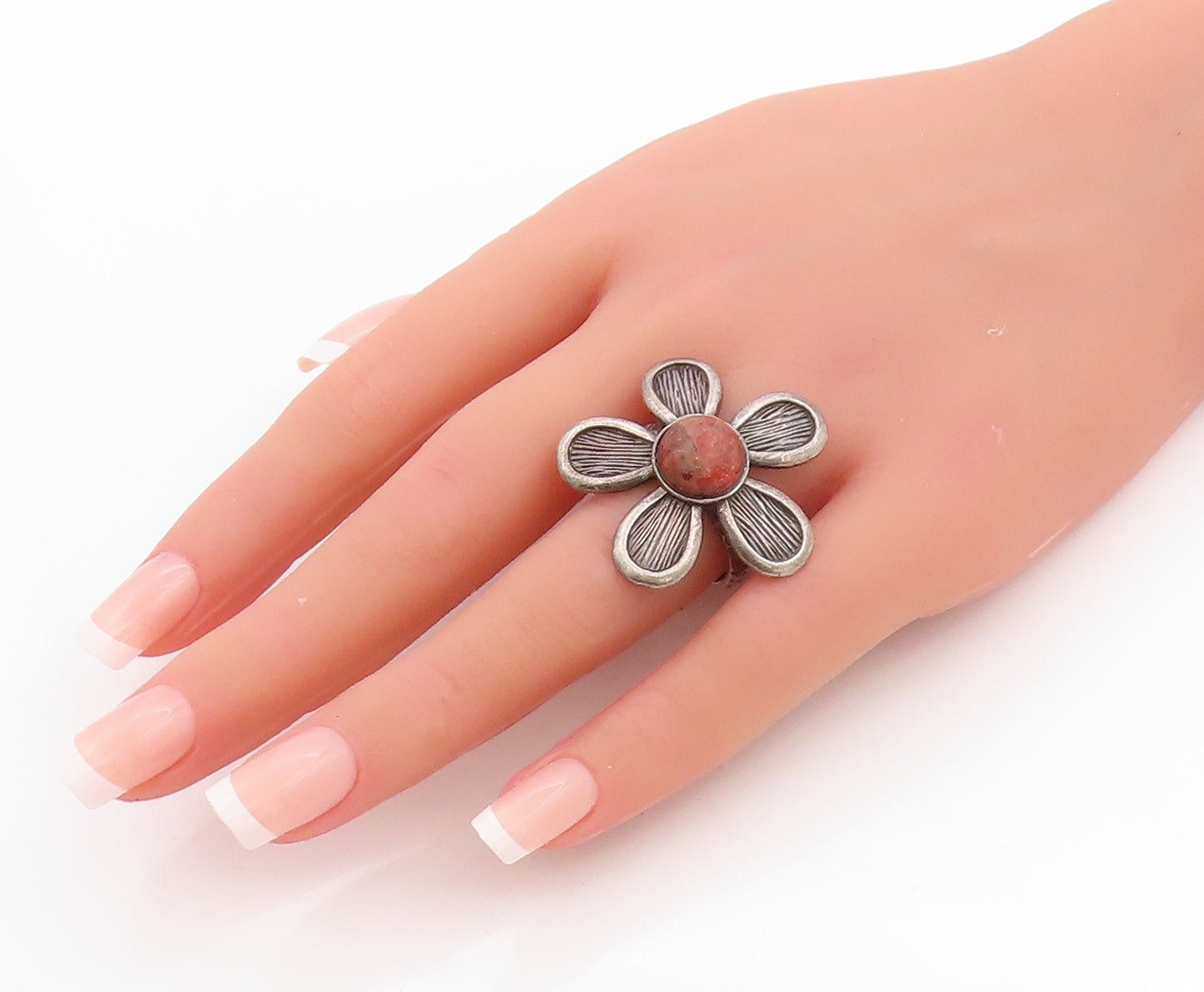 925 Sterling Silver Vintage Ring Cabochon Gemstone Flower Cutout  Sz 7.5 RG33271
