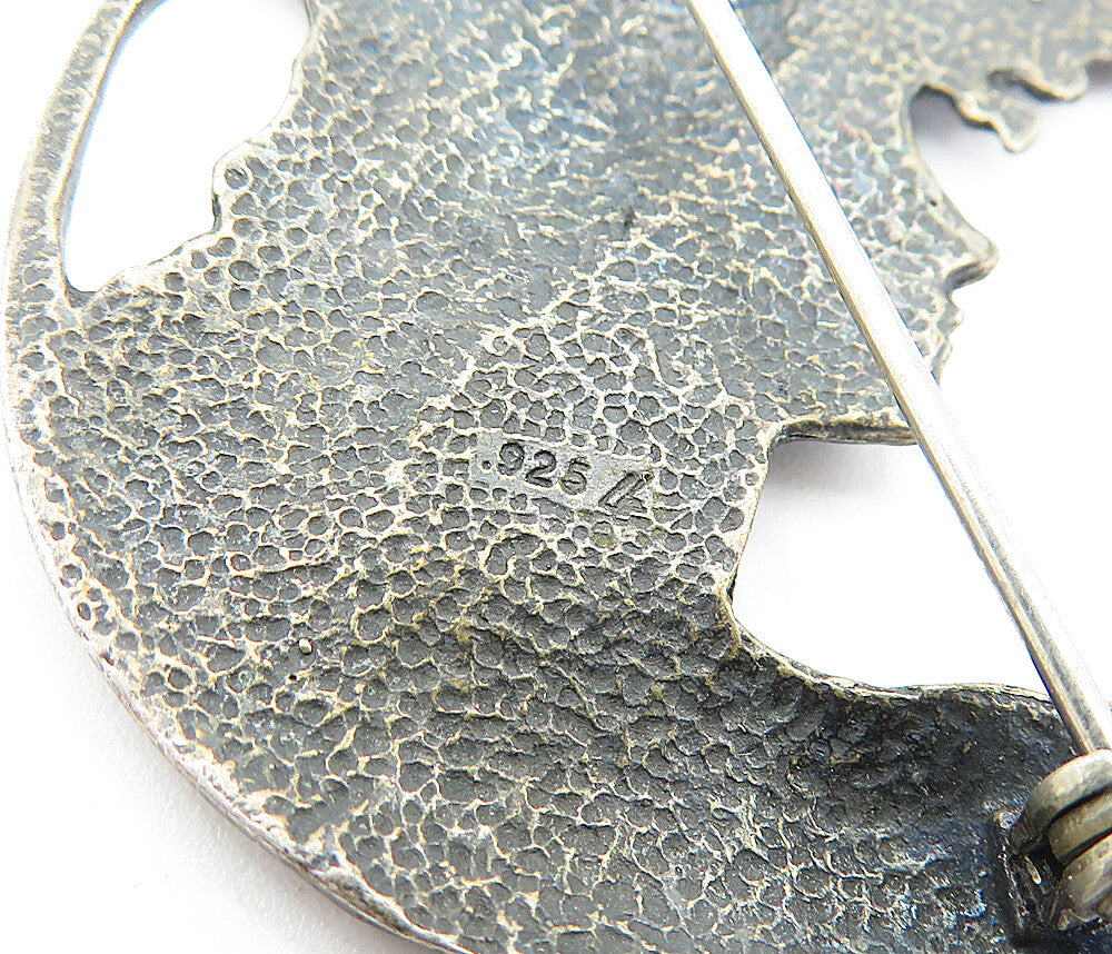 925 Sterling Silver Vintage Oxidized Woman's Profile Round Brooch Pin BP1622