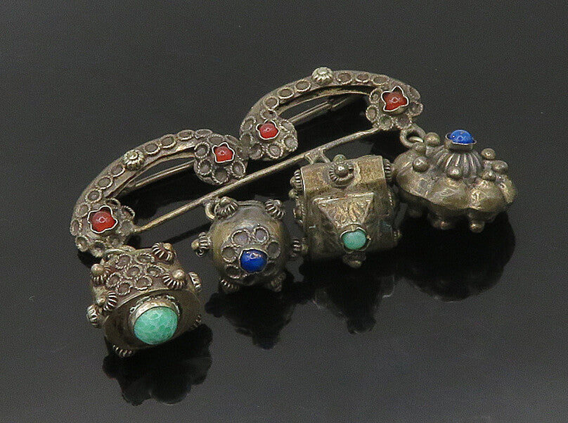 925 Silver  Vintage Antique Turquoise & Lapis Lazuli Floral Brooch Pin  BP6875