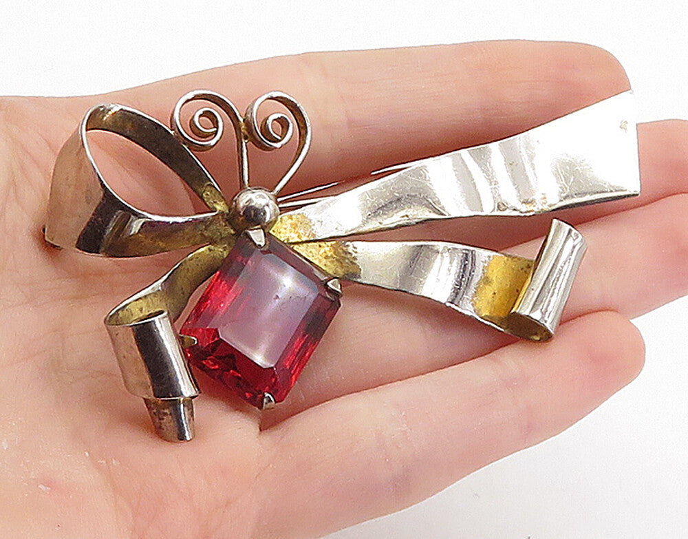 925 Sterling Silver  Vintage Pink Topaz Bow Tied Ribbon Brooch Pin  BP2596