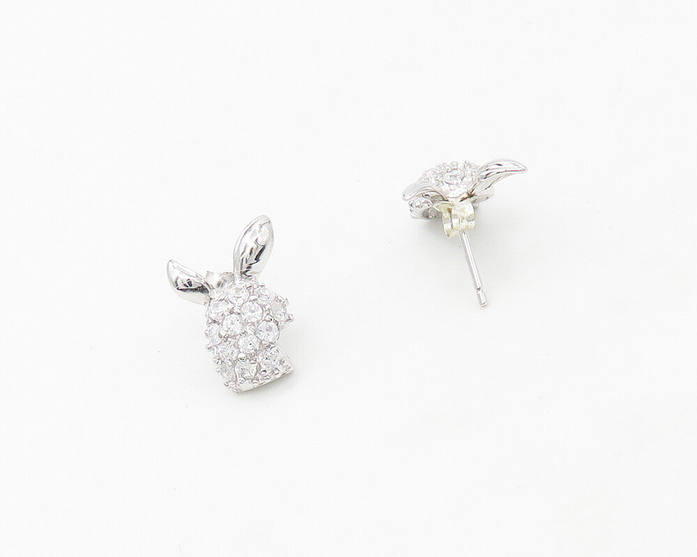 925 Sterling Silver   White Topaz Bunny Rabbit Motif Stud Earrings  EG8928