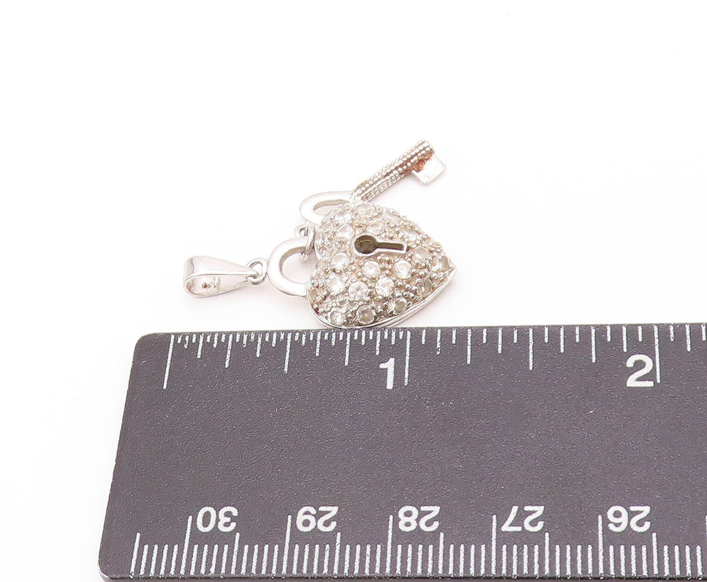 925 Sterling Silver Vintage Pendant CZ Heart Shaped Lock & Key  PT23965
