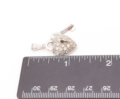 925 Sterling Silver Vintage Pendant CZ Heart Shaped Lock & Key  PT23965