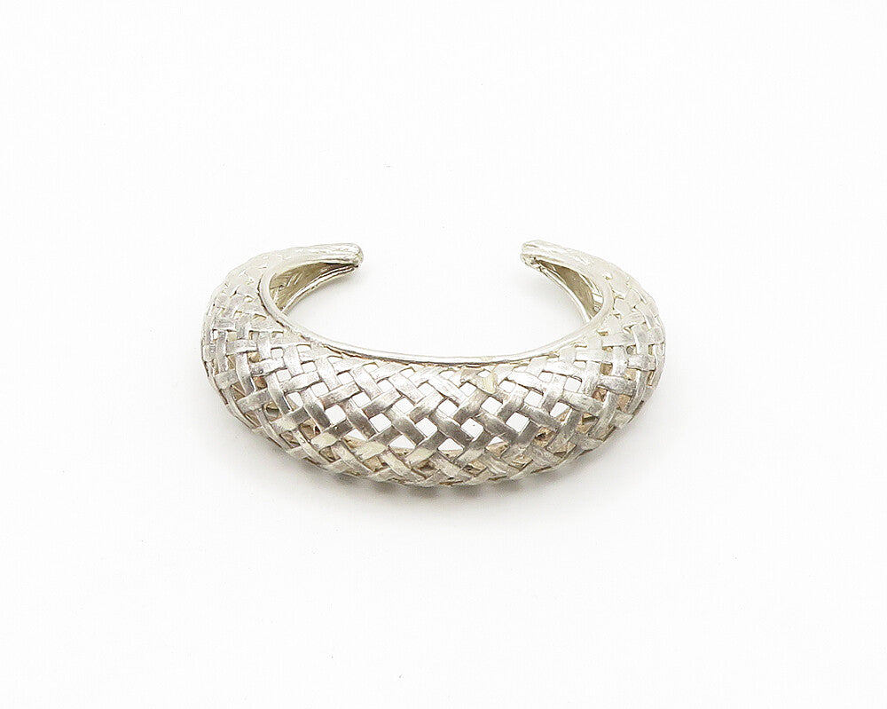 925 Sterling Silver  Vintage Shiny Basket Weaved Dome Cuff Bracelet  BT7466