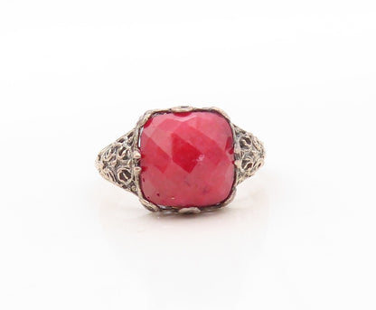 925 Sterling Silver Vintage Ring Red Gemstone Designer Cutout  Sz 8.5  RG30673
