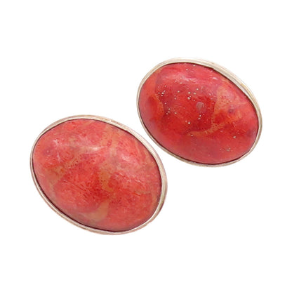 925 Sterling Silver Vintage Earrings Oval Cabochon Orange Gemstone  EG13641