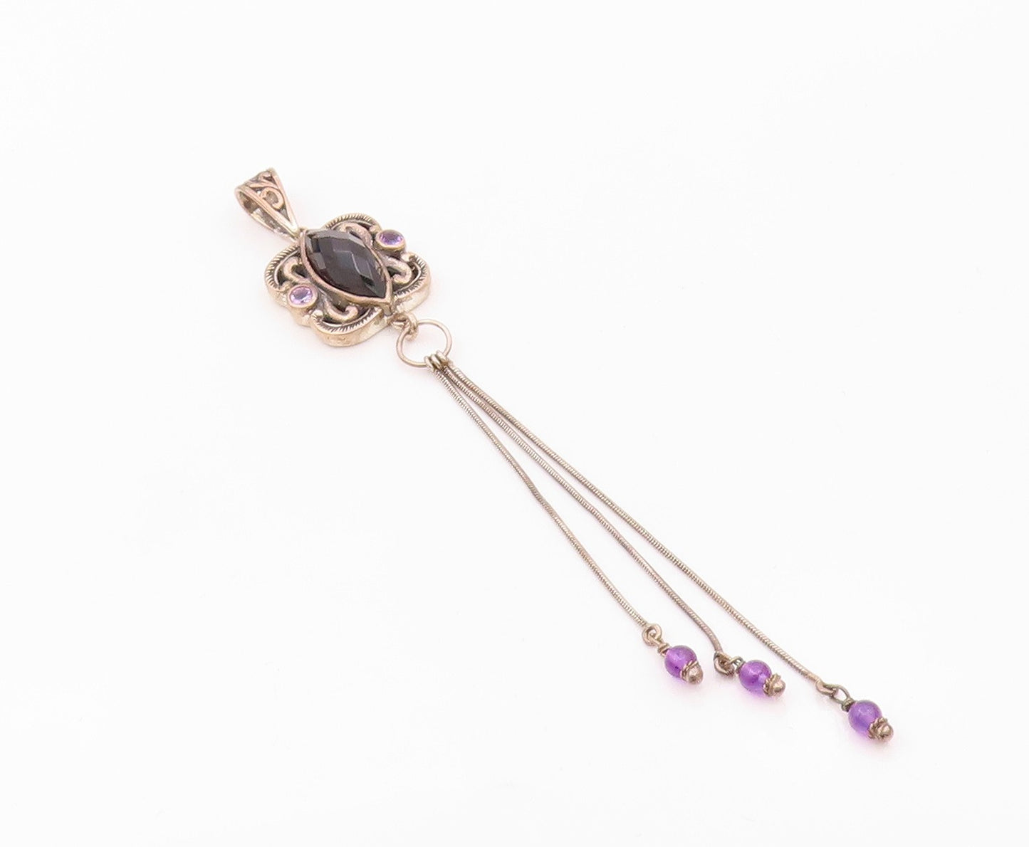 925 Sterling Silver  Vintage Black Spinel & Amethyst Swirl Pendant  PT18492