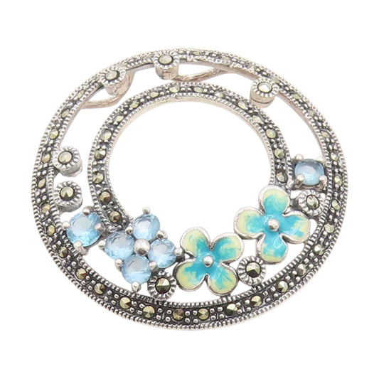 925 Sterling Silver Vintage Pendant Marcasite & Blue Topaz Enamel Flower PT25866