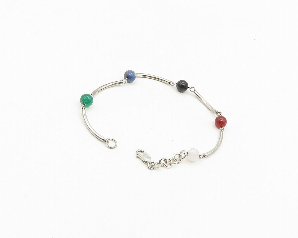 925 Silver  Vintage Onyx Quartz Lapis Lazuli & Carnelian Chain Bracelet BT7402