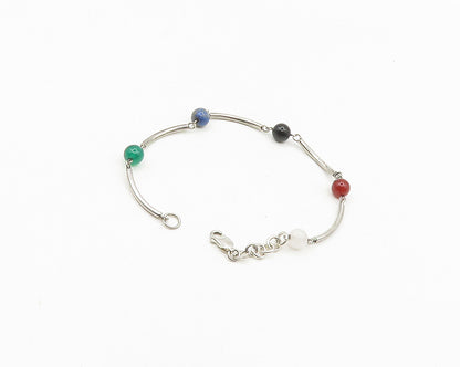 925 Silver  Vintage Onyx Quartz Lapis Lazuli & Carnelian Chain Bracelet BT7402