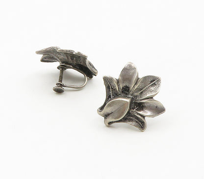 925 Sterling Silver  Vintage Dark Tone Flower Motif Non Pierce Earrings EG8000