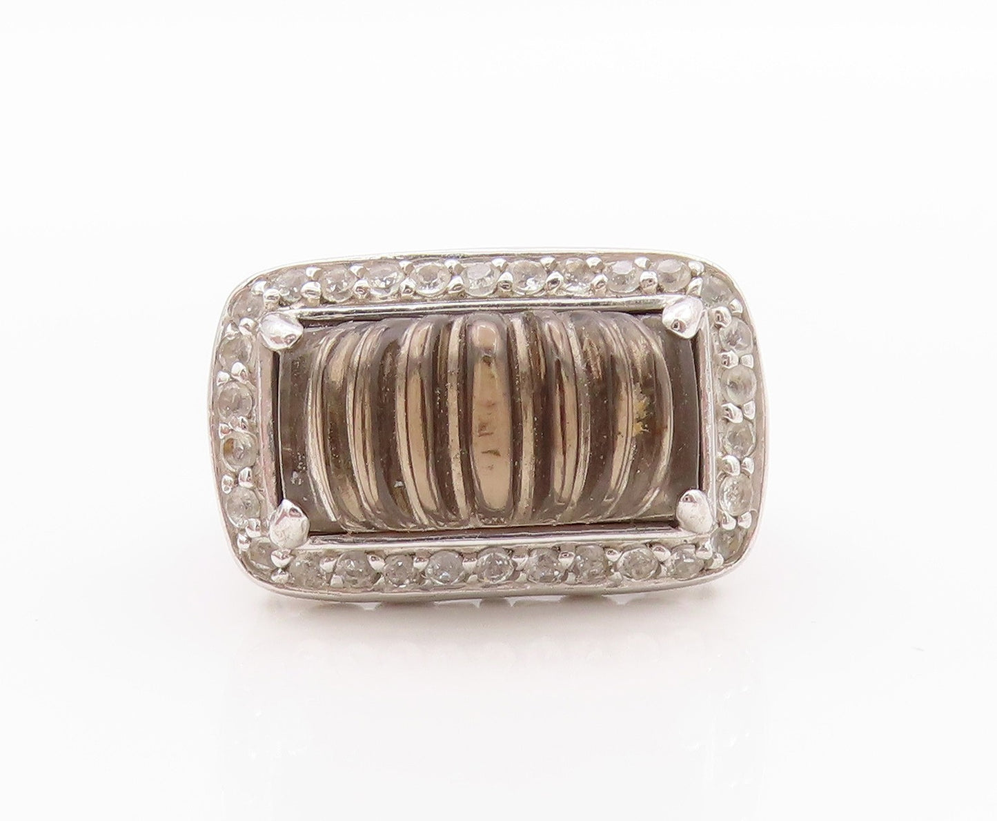 925 Sterling Silver Vintage Ring Modernist Grooved Gemstone  Sz 5  RG32501