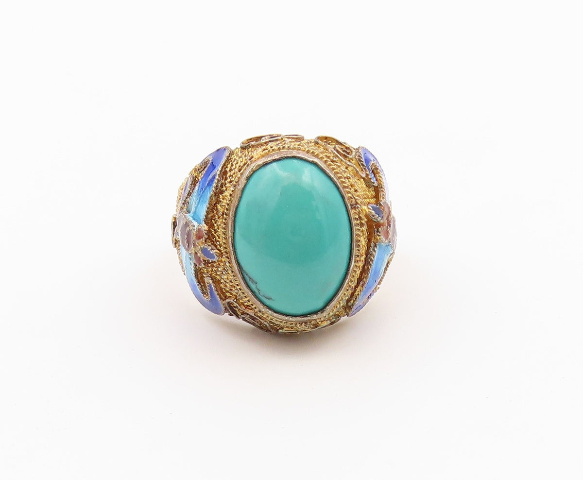 925 Sterling Silver Vintage Ring CHINESE EXPORT Turquoise Filigree Sz 8 RG36599
