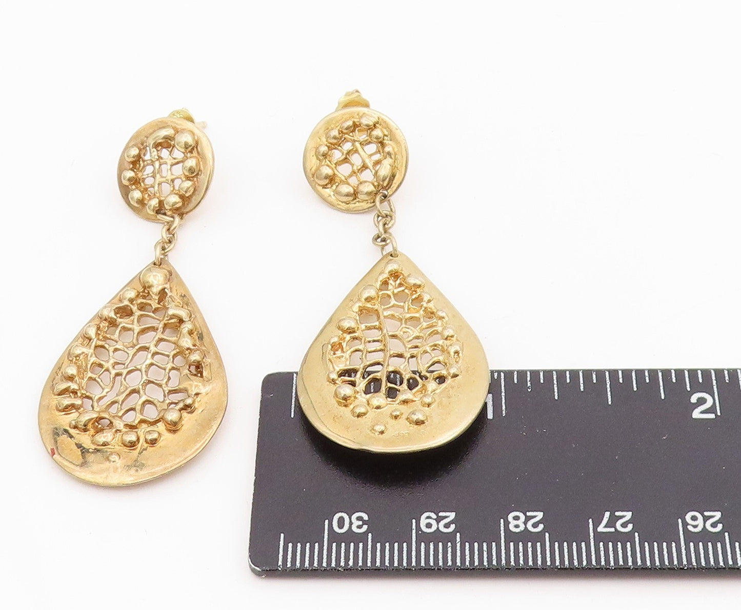 925 Sterling Silver Vintage Earrings Gold Plated Cutout Teardrop Dangle  EG13924