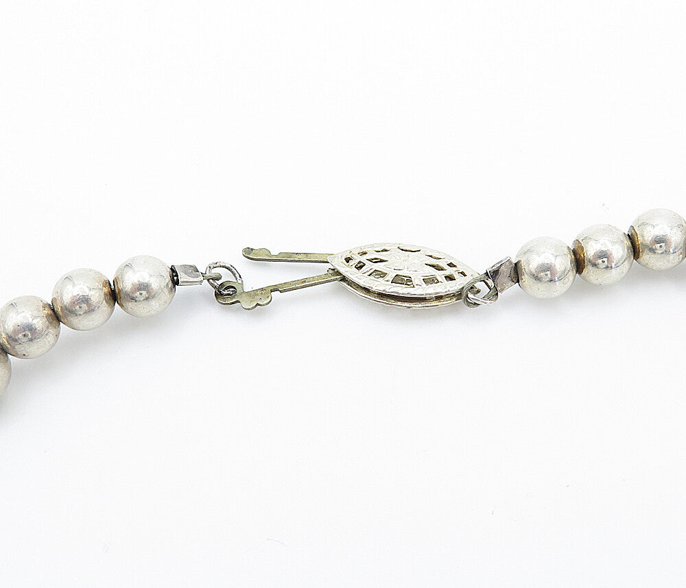 925 Sterling Silver  Vintage Black Onyx Shiny Ball Bead Chain Necklace  NE1080