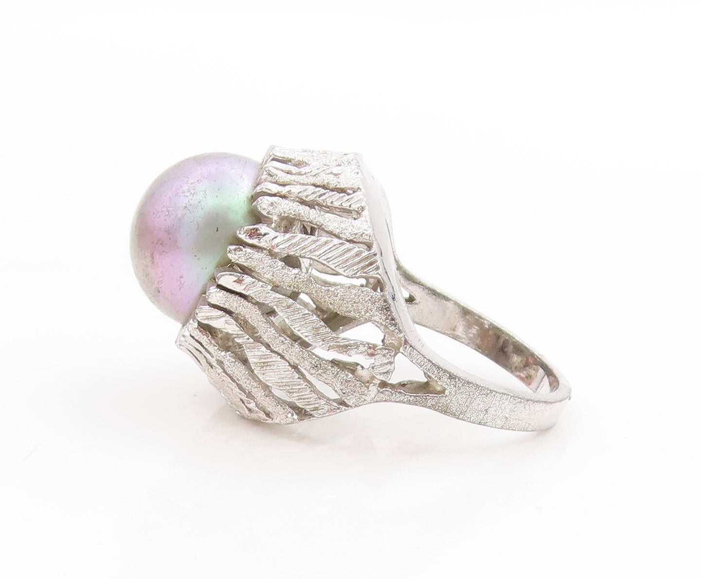925 Sterling Silver Vintage Ring Round Pearl Brutalist Dome Band  Sz 7  RG34076