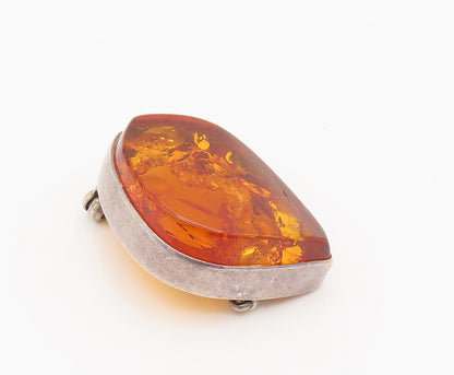 POLAND 925 Sterling Silver Vintage Minimalist Baltic Amber Brooch Pin BP10132
