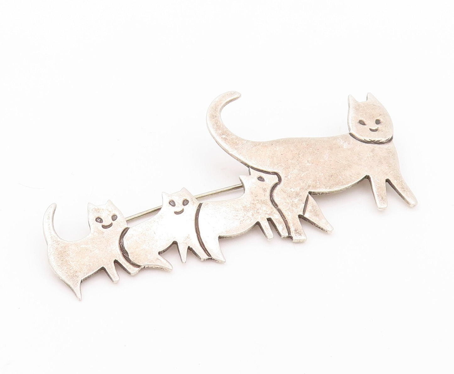 925 Sterling Silver Vintage Brooch Pin MEXICO Carved Kitten Family  BP11168