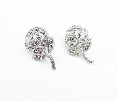 925 Sterling Silver  Vintage Sparkling Rose Flower Shiny Drop Earrings  EG2276