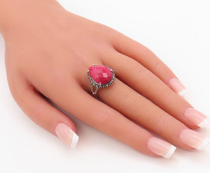 925 Sterling Silver Vintage Ring Drop Cut Red Gemstone Halo Topaz Sz 8  RG30969
