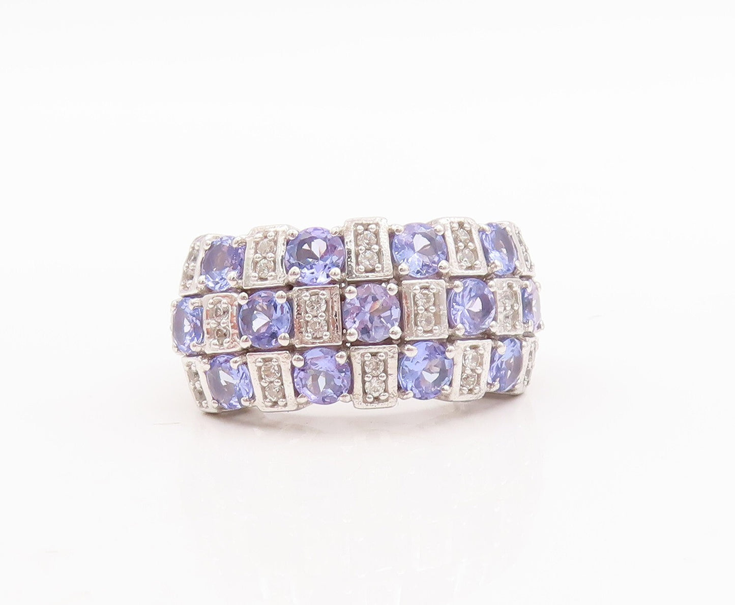 925 Sterling Silver Vintage Ring Box Design Tanzanite & Sapphire Sz 7.5  RG29481