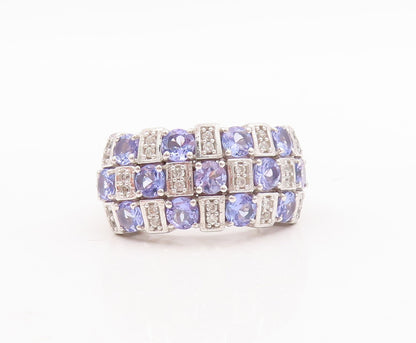 925 Sterling Silver Vintage Ring Box Design Tanzanite & Sapphire Sz 7.5  RG29481