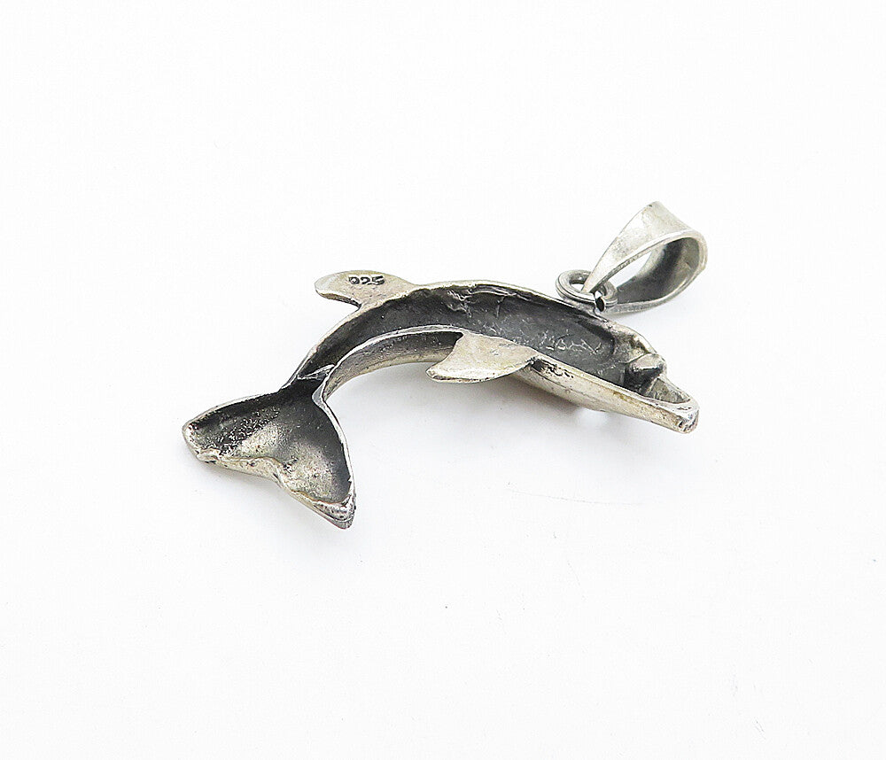 925 Sterling Silver  Vintage Dark Tone Leaping Dolphin Motif Pendant  PT3245