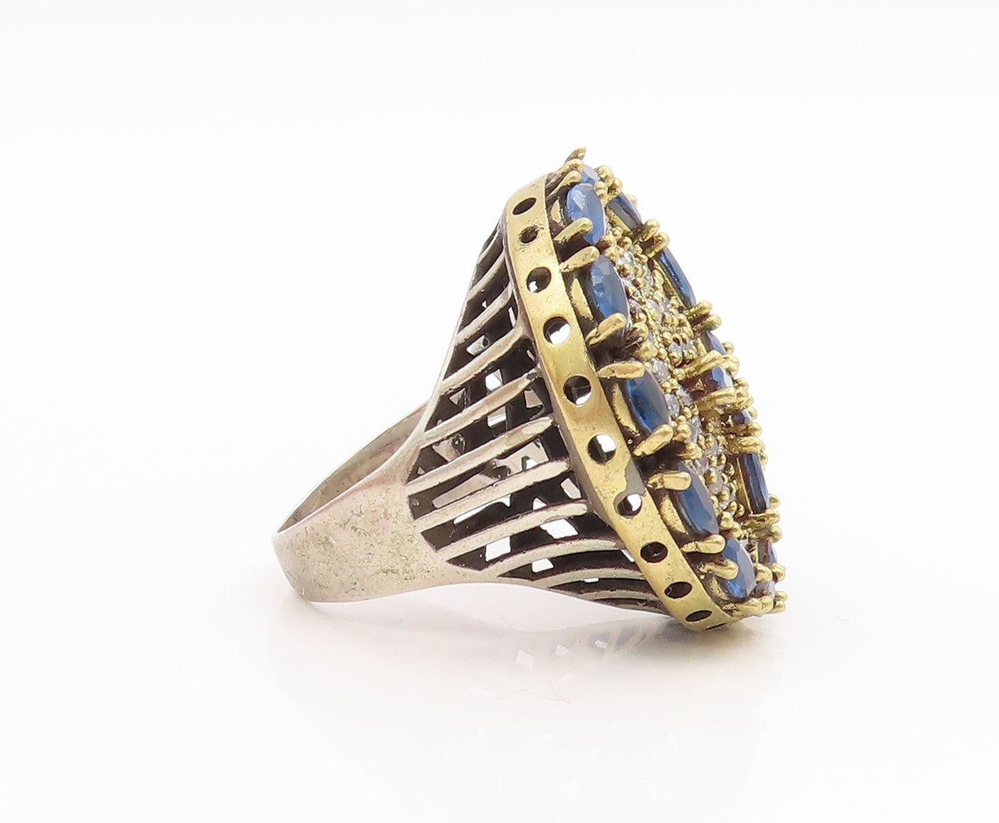 925 Sterling Silver Vintage Ring Two Tone Sapphire & CZ Band  Sz 8.5  RG35843