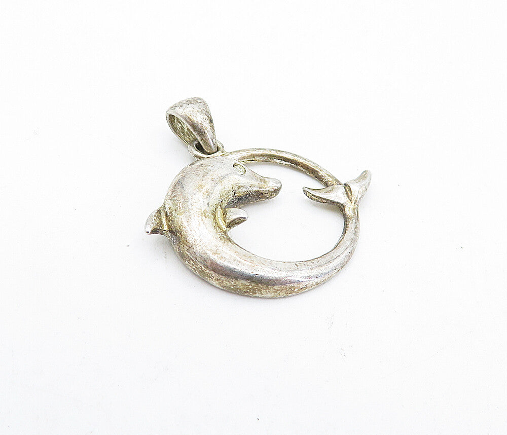 925 Sterling Silver  Vintage Topaz Accented Round Dolphin Drop Pendant  PT3238