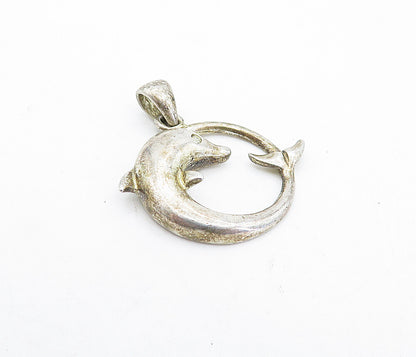925 Sterling Silver  Vintage Topaz Accented Round Dolphin Drop Pendant  PT3238